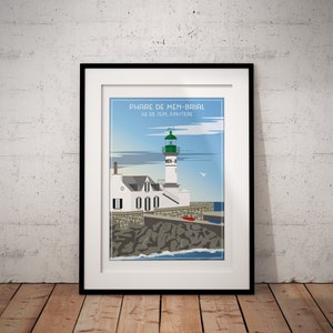Cartel del faro de Men Brial, Ile de Sein, Finisterre, Bretaña, Francia, cartel del faro, cartel vintage, cartel de Bretaña, cartel de viaje