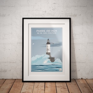 Affiche Phare Ar-Men, Ile de Sein, Finistère, Bretagne, France, affiche bretagne, affiche vintage, poster bretagne, travel poster