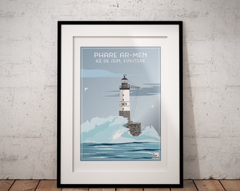 Affiche Phare Ar-Men, Ile de Sein, Finistère, Bretagne, France, affiche bretagne, affiche vintage, poster bretagne, travel poster