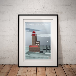 May include: A vintage-style poster featuring a red and white lighthouse with a gray stone base, set against a blue and gray seascape. The poster reads "Phare Rouge de Fécamp, Fécamp, Seine Maritime".