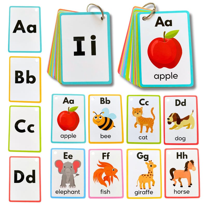 May include: Colorful alphabet flash cards with pictures and words for each letter. The cards feature an apple, bee, cat, dog, elephant, fish, giraffe, and horse.