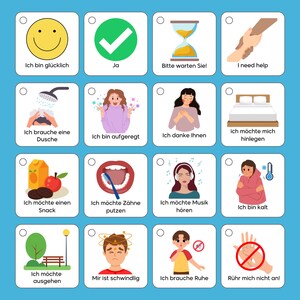 May include: A set of 12 communication cards with colourful illustrations and German text. The cards feature various situations and emotions, such as needing a shower, being excited, needing help, and feeling sick.