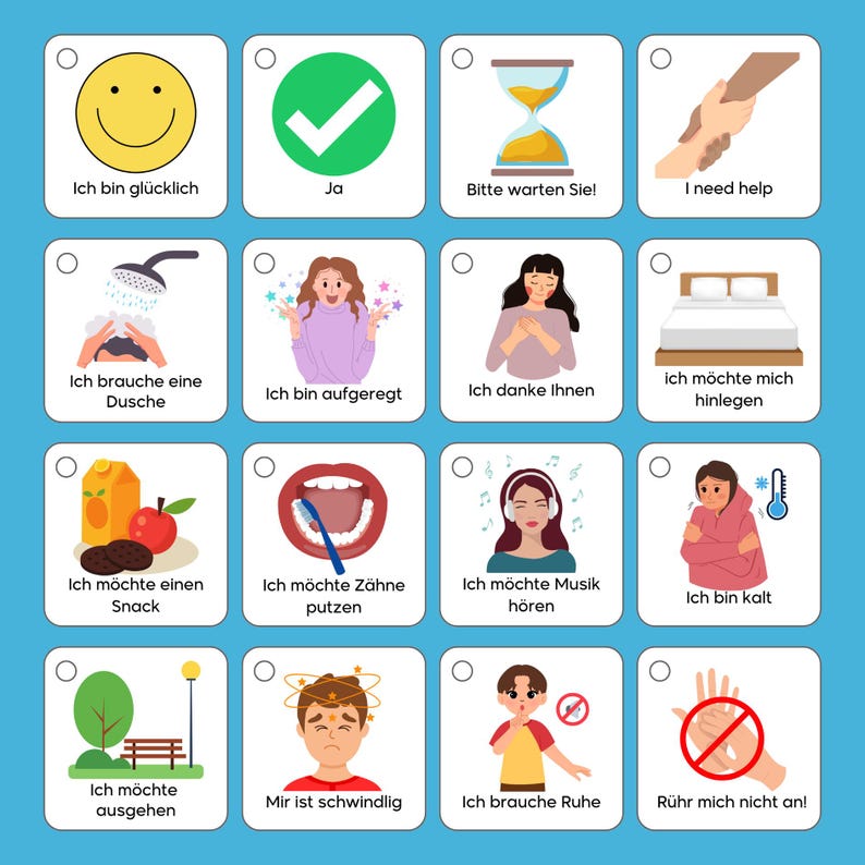 May include: A set of 12 communication cards with colourful illustrations and German text. The cards feature various situations and emotions, such as needing a shower, being excited, needing help, and feeling sick.