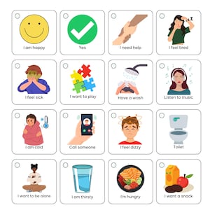 May include: A set of 16 illustrated communication cards with various images and text. The cards are designed to help people communicate their needs and feelings. The cards include images of a smiling face, a check mark, a hand reaching out, a person sleeping, a person with a cold, a phone, a person feeling dizzy, a toilet, a person meditating, a glass of water, a bowl of food, and a snack.