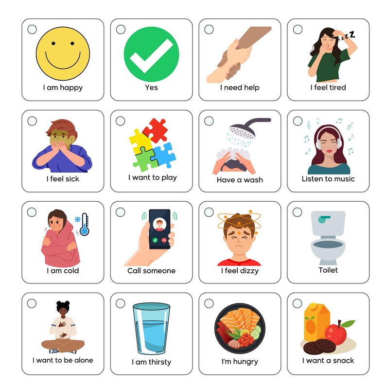 May include: A set of 16 illustrated communication cards with various images and text. The cards are designed to help people communicate their needs and feelings. The cards include images of a smiling face, a check mark, a hand reaching out, a person sleeping, a person with a cold, a phone, a person feeling dizzy, a toilet, a person meditating, a glass of water, a bowl of food, and a snack.