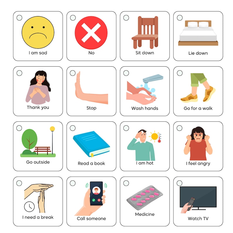 May include: A set of 16 illustrated communication cards with various images and text. The cards are white with a black border and a white circle in the top left corner. The images include a sad face, a red X, a chair, a bed, a woman with her hands clasped, a hand with a stop sign, a person washing their hands, a person walking, a park bench, a book, a person with a thermometer, a person with their hands on their head, a person with their hands on their ears, a person with their hands in a timeout gesture, a person holding a phone, a blister pack of pills, and a television.