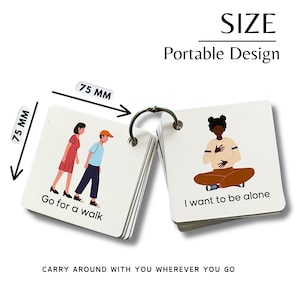 May include: A set of small, white cards with colorful illustrations and text. The cards are attached together with a metal ring and measure 3 inches by 3 inches. The text on the cards includes "Go for a walk" and "I want to be alone".