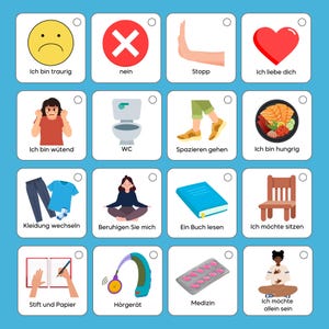 May include: A colourful chart with 12 squares, each containing an image and German text. The images depict various activities and emotions, such as sadness, anger, walking, eating, reading, and sitting. The text includes phrases like "Ich bin traurig" (I am sad), "Ich bin w&uuml;tend" (I am angry), and "Ich m&ouml;chte sitzen" (I want to sit).
