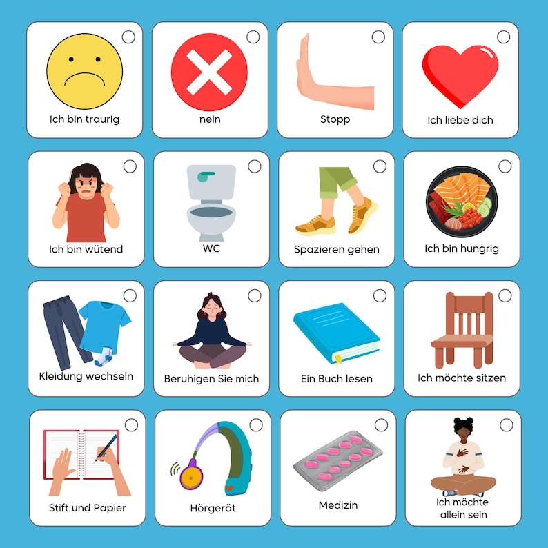 May include: A colourful chart with 12 squares, each containing an image and German text. The images depict various activities and emotions, such as sadness, anger, walking, eating, reading, and sitting. The text includes phrases like "Ich bin traurig" (I am sad), "Ich bin w&uuml;tend" (I am angry), and "Ich m&ouml;chte sitzen" (I want to sit).