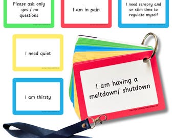 May include: A set of colorful communication cards with phrases like "I am in pain", "I need quiet", and "I am having a meltdown/shutdown". The cards are attached to a lanyard with a metal ring.