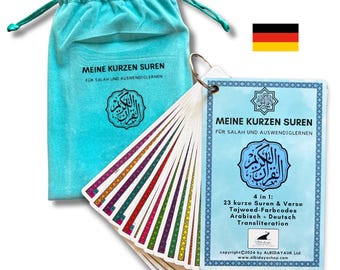 Kurze Suren des Korans, Sure-Karten, Arabisch und Deutscher Text mit Übersetzung und Transliteration, Tajweed-Regeln, Ramadan Geschenk
