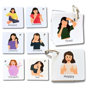 Emoties en gevoelens Flash Cards, communicatiehulpmiddel, communicatiekaarten autisme, emotionele leerkaarten, 60 beeldwoorden