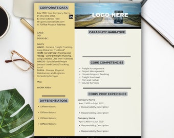 Transportation, Logistics, Trucking. Canva Editable. Government Contracting, Federal Government standards Capability Statement Template