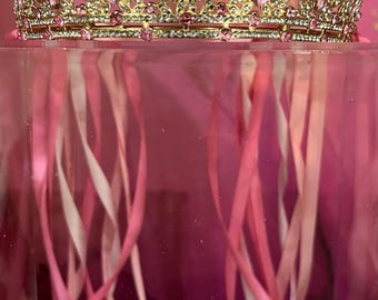 Pink Crystal Tiara Crown with Satin Ombre Ribbon, Gold Rhinestone Princess Crown, Birthday Gift