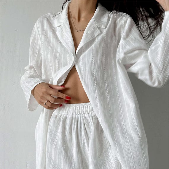 Cotton Loose fitting Pajama Set white Long sleeve Shorts Pajama Set cotton Party Pajamas Loungewear Fashionable Women s Pajamas Etsy UK
