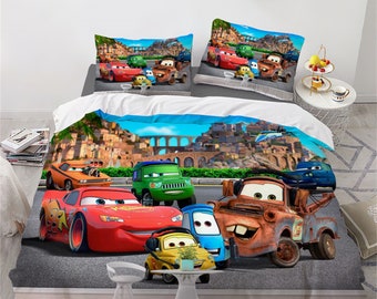 Juego de cama de tres piezas con estampado de coches de Disney, juego de cama cómodo y moderno para niños y adultos, funda de edredón, funda de almohada, juego de cama de regalo