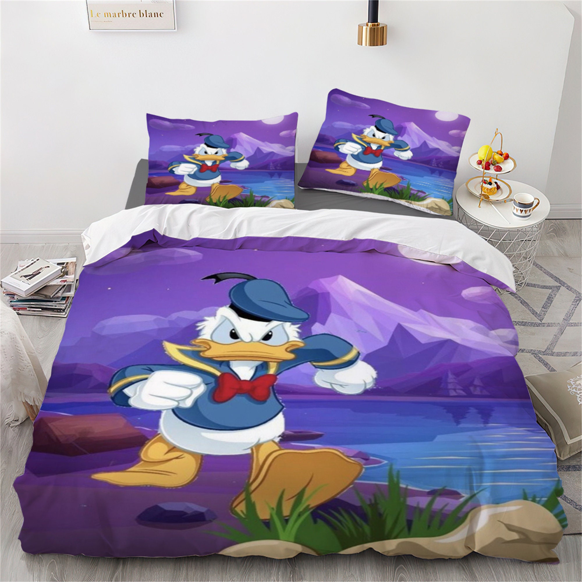 Juego de cama de tres piezas con estampado de pato Donald, juego de cama  para adultos cómodo y moderno para niños, funda de edredón, funda de  almohada, juego de cama de regalo 