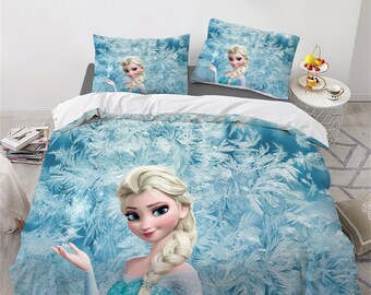Juego de cama de tres piezas con estampado de Frozen, juego de cama cómodo y moderno para niños y adultos, funda de edredón, funda de almohada, juego de cama de regalo