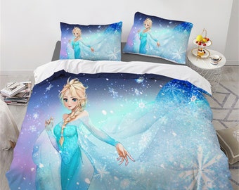 Juego de cama de tres piezas con estampado de Frozen, juego de cama cómodo y moderno para niños y adultos, funda de edredón, funda de almohada, juego de cama de regalo