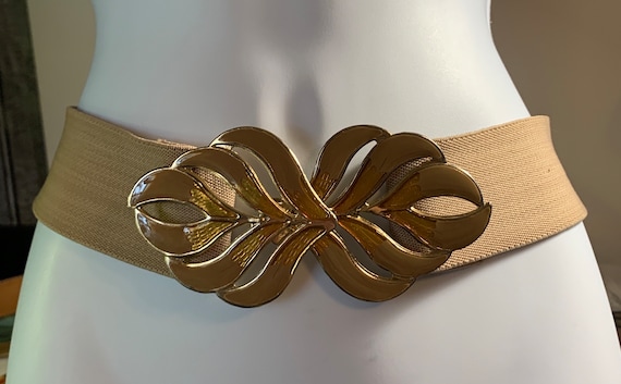 Vintage 70's Tan Decorative Cinch Belt Stretchabl… - image 1