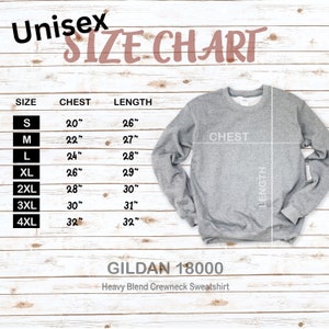 K&ouml;nnte beinhalten: Unisex-Gr&ouml;&szlig;entabelle f&uuml;r ein Gildan 18000 Heavy Blend Crewneck Sweatshirt. Die Tabelle zeigt die Gr&ouml;&szlig;en S bis 4XL mit den entsprechenden Brust- und L&auml;ngenma&szlig;en in Zoll.