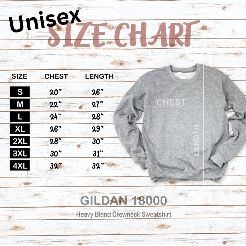 K&ouml;nnte beinhalten: Unisex-Gr&ouml;&szlig;entabelle f&uuml;r ein Gildan 18000 Heavy Blend Crewneck Sweatshirt. Die Tabelle zeigt die Gr&ouml;&szlig;en S bis 4XL mit den entsprechenden Brust- und L&auml;ngenma&szlig;en in Zoll.