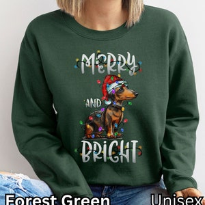 K&ouml;nnte beinhalten: Ein gr&uuml;ner Sweatshirt mit einem Dackel, der einen Weihnachtsmann-Hut tr&auml;gt und von Weihnachtslichtern umgeben ist. Der Text "Merry and Bright" ist auf dem Sweatshirt aufgedruckt.