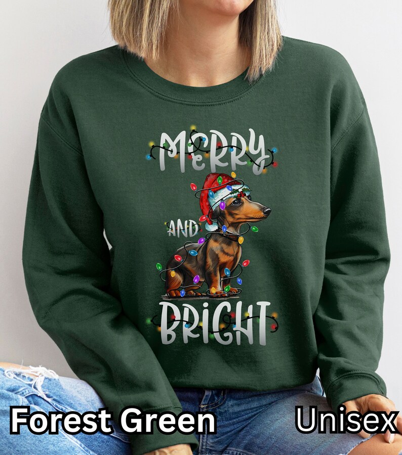 K&ouml;nnte beinhalten: Ein gr&uuml;ner Sweatshirt mit einem Dackel, der einen Weihnachtsmann-Hut tr&auml;gt und von Weihnachtslichtern umgeben ist. Der Text "Merry and Bright" ist auf dem Sweatshirt aufgedruckt.