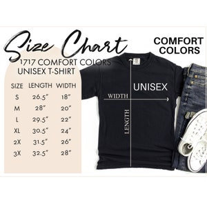 May include: Size chart for unisex t-shirts in various sizes. The chart shows the length and width measurements in inches for sizes S, M, L, XL, 2X, and 3X. A black t-shirt is shown with the measurements marked on it.