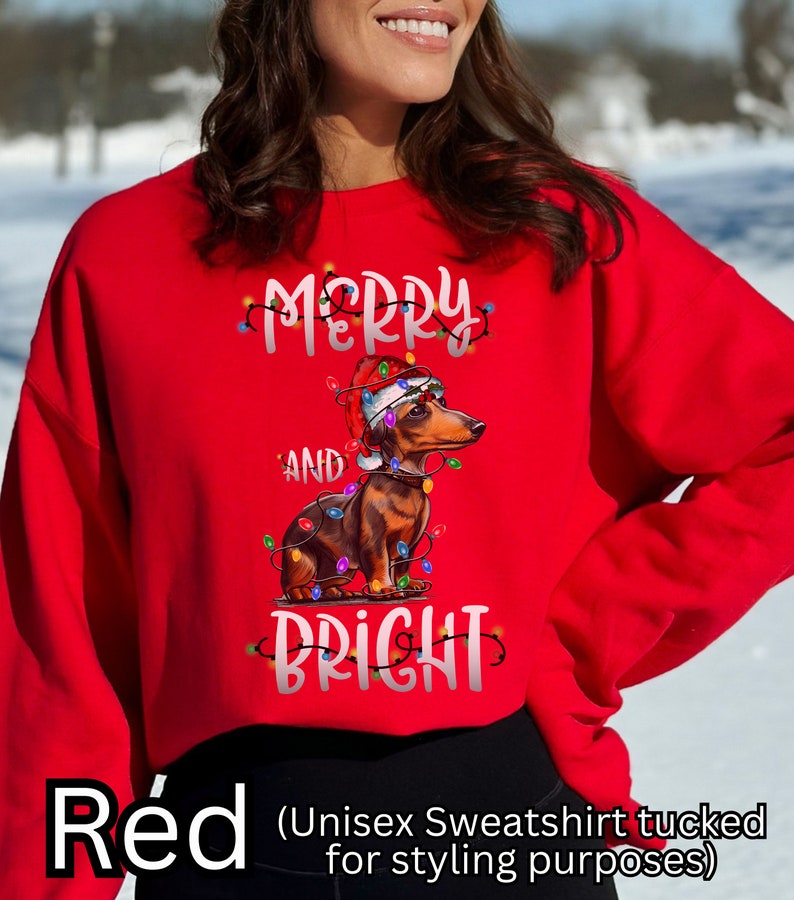 K&ouml;nnte beinhalten: Roter Unisex-Sweatshirt mit einem weihnachtlichen Design, das einen Dackel zeigt, der einen Weihnachtsmann-Hut tr&auml;gt und von bunten Lichtern umgeben ist. Der Text "Merry and Bright" ist auf dem Sweatshirt aufgedruckt.