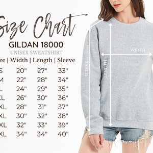 以下が含まれることがあります： Gildan 18000 ユニセックススウェットシャツのサイズチャート。チャートは、S から 5XL までのサイズについて、幅、長さ、袖丈をインチで示しています。