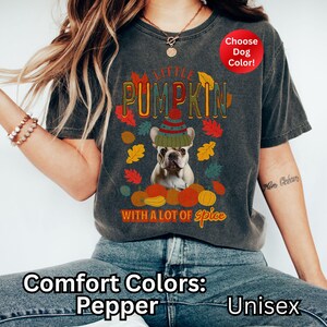 May include: A gray t-shirt with a graphic of a French bulldog wearing a knit hat and surrounded by fall leaves. The text "Little Pumpkin with a lot of spice" is printed on the shirt. The shirt is available in a variety of colors.