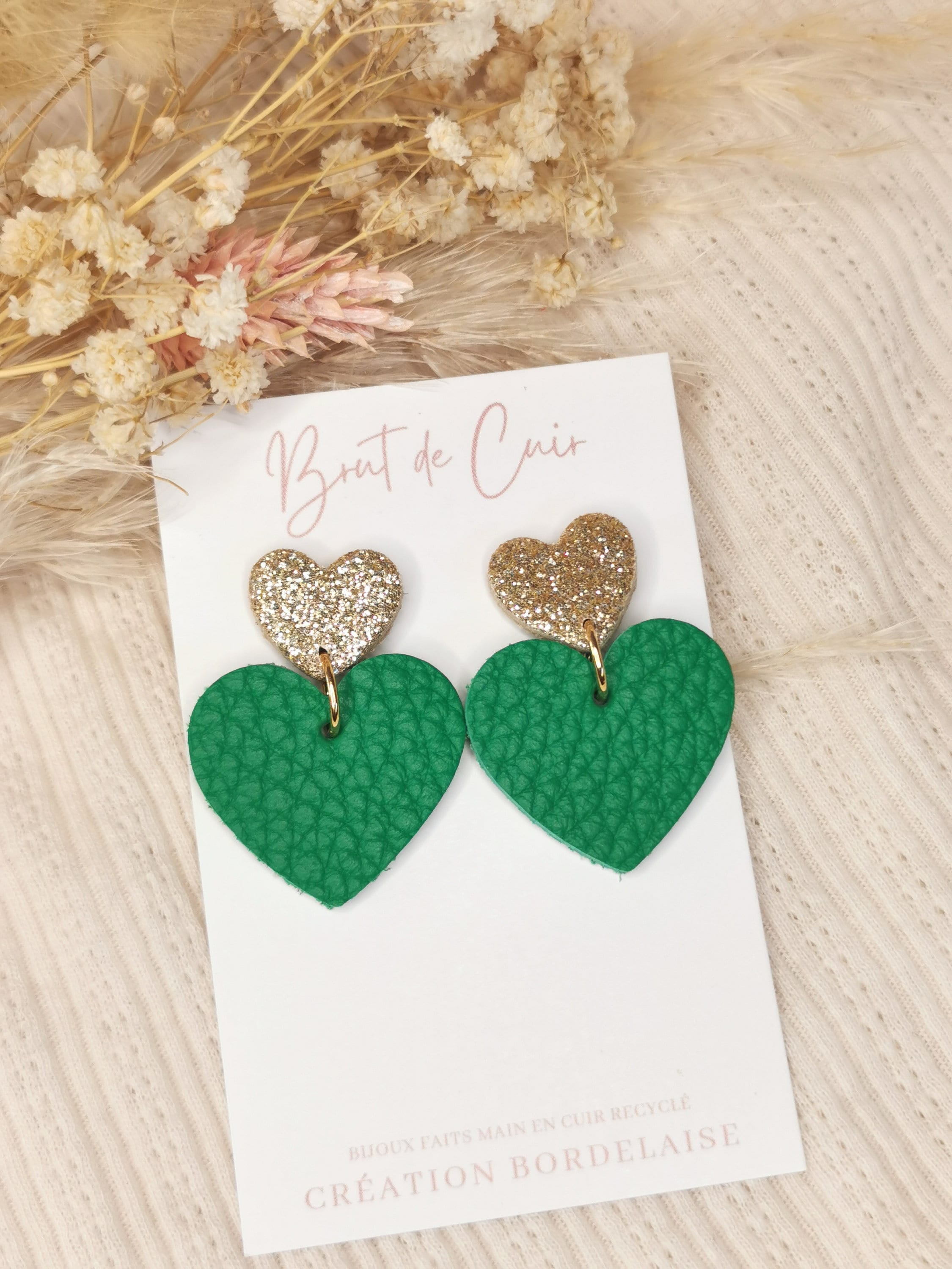 Boucles D'oreilles Pendantes Feuille Cœur - Cuir PU Jaune Moutarde/noir - Crochet Argent 925 - Pour Saint-Valentin, Fêtes, Quotidien