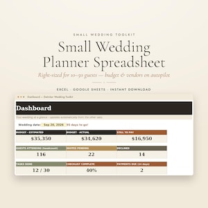 Litet kalkylblad för bröllopsplanerare i Google Sheets, mikrobudget för bröllop, gästlista och OSA för Excel och Sheets | Intim nedladdning