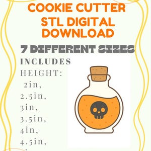Puede incluir: Descarga digital para un cortador de galletas con forma de botella de poción con una calavera. La imagen incluye el texto "COOKIE CUTTER STL DIGITAL DOWNLOAD" y enumera siete tamaños diferentes, de 5,08 cm a 12,7 cm de altura.