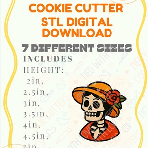 Puede incluir: Gráfico de descarga digital para cortadores de galletas. La imagen incluye el texto "COOKIE CUTTER STL DIGITAL DOWNLOAD" y "7 TAMAÑOS DIFERENTES". La imagen también incluye una ilustración de dibujos animados de una calavera con sombrero y rosa.