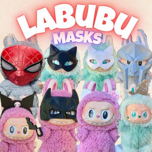 May include: A collection of plush figures wearing various character masks, including Spider-Man, Batman, and a cat. The figures are in different colors, with the text "LABUBU MASKS" in a red, glowing font above them.