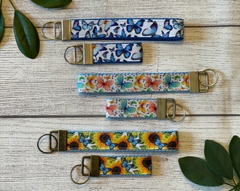 Butterfly Wristlet, Key Fob, Mini Keychain, Blue Butterfly, Pink and Blue Butterflies, Sunflowers, Gift under 10