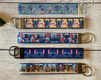 Cute Blue Alien Key Wristlet, Hawaiian Keychain, Flowers Key Fob, Gift Under 10, Stocking Stuffer, Gift for Kids