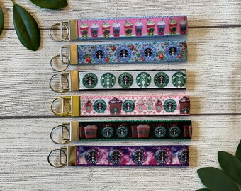 Coffee Lover Key Wristlet, Key Fob, Mini Keychain, Mocha, Frapp, Gift Under 10, Stocking Stuffer, Gift For Her