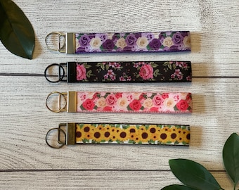 Floral Ribbon Key Fob Wristlet: Sunflower, Roses Mini Keychain
