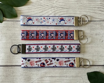 Fourth of July Key Wristlets, Key Fob, Mini Keychain, Independence Day, Famous Mouse, Famous Dog, Holiday Accessory, Gift Under 10