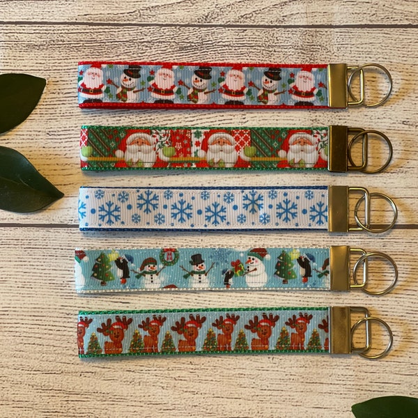 Christmas Holiday Key Wristlet, Key Fob, Keychain, Santa, Snowman, Snowflakes, Reindeer, Penguins, Holiday Accessory, Gift Under 10