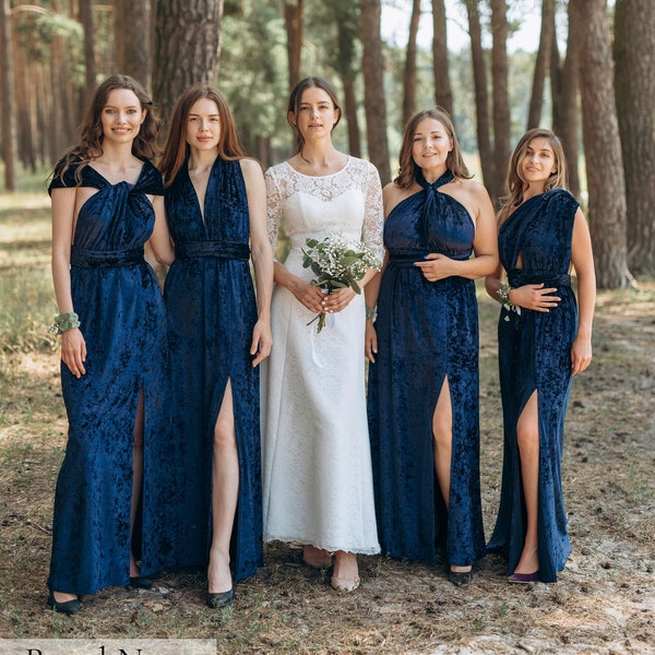 Robe en velours, robe Infinity, robe multivoies, robe de demoiselle d’honneur en velours marbré écrasé robe Maxi longue robe bleu marine Wrap robe d’hiver