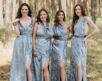 Crushed Velvet Dress, Infinity Dress, Multiway Dress Maxi Dress Marble Velvet Bridesmaid Dresses, Dusty Blue Steel Slate Dresses Long Wrap