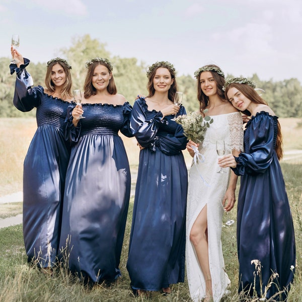 Silk Bridesmaid Dress, Bridesmaid Dresses, Boho Shirred Summer Dress, Vintage Dress Cottagecore Dress Navy Maxi Beach Dress Bridgerton Dress