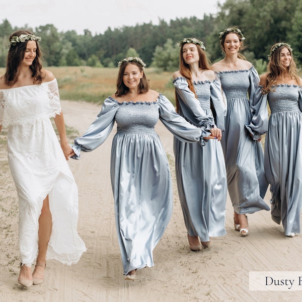 Silk Bridesmaid Dress, Bridesmaid Dresses, Boho Shirred Summer Dress, Vintage Dress Cottagecore Dress Dusty Blue Maxi Beach Bridgerton Dress