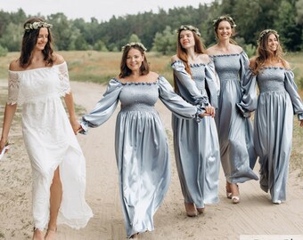 Silk Bridesmaid Dress, Bridesmaid Dresses, Boho Shirred Summer Dress, Vintage Dress Cottagecore Dress Dusty Blue Maxi Beach Bridgerton Dress