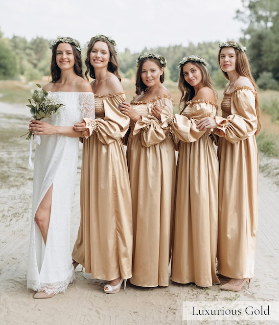 Gold Bridesmaid Dress, Silk Bridesmaid Dresses, Summer Dress, Vintage Dress  Cottagecore Dress Shirred Beach Dress Maxi Dress Boho Bridgerton -   Canada