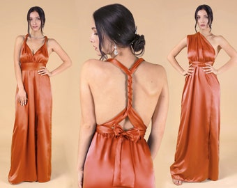 Gebrannte Orange Brautjungfer Kleid, Satin Brautjungfernkleider Rost Herbst Kürbis Seide Brautjungfer Kleid Langes Multiway Infinity Kleid Wickelkleid Abschlussball